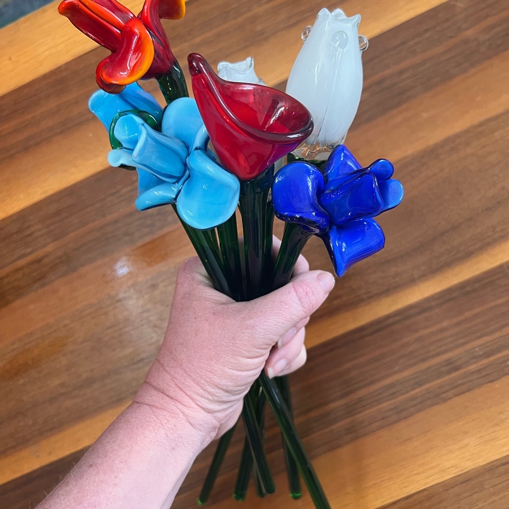 Colorful blown Glass Flower set Bouquet beautiful art unique retro